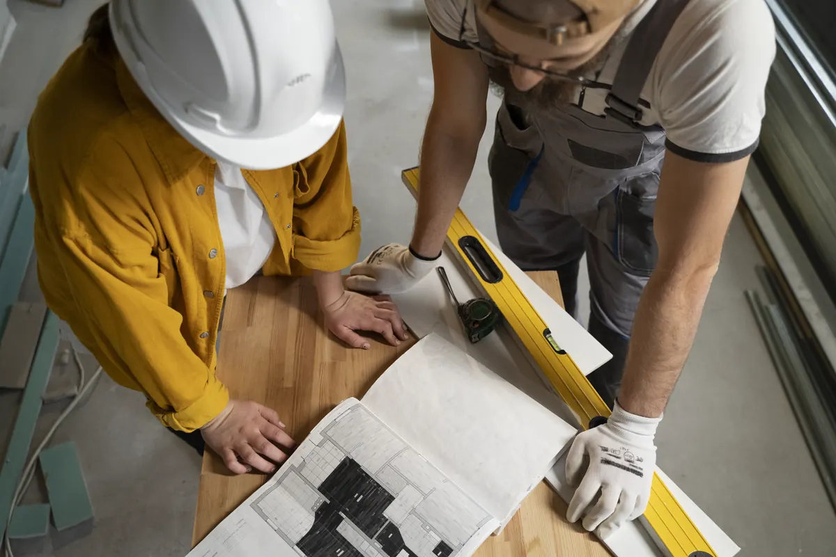 Handwerker beim Verlegen eines Bodenbelags