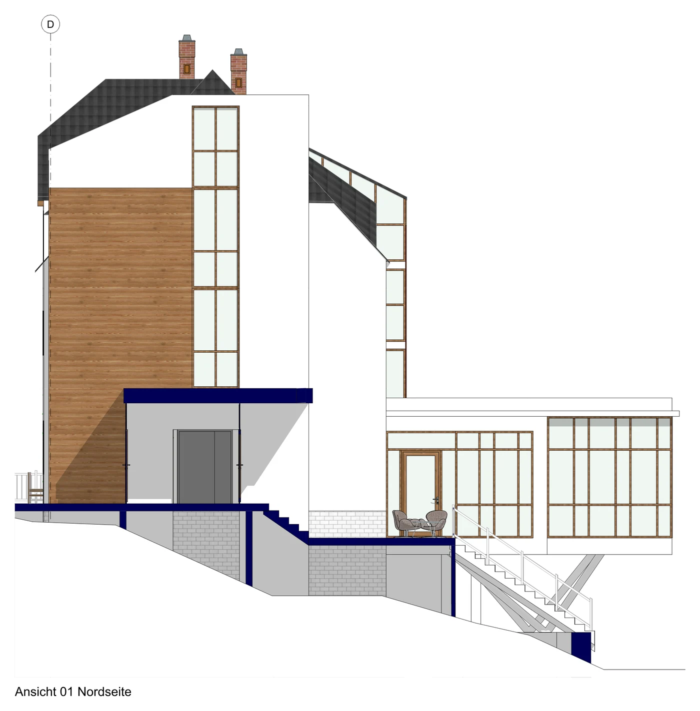 Planansicht Nordseite des Hauptgebäudes mit Treppenanlage und Holzverkleidung
