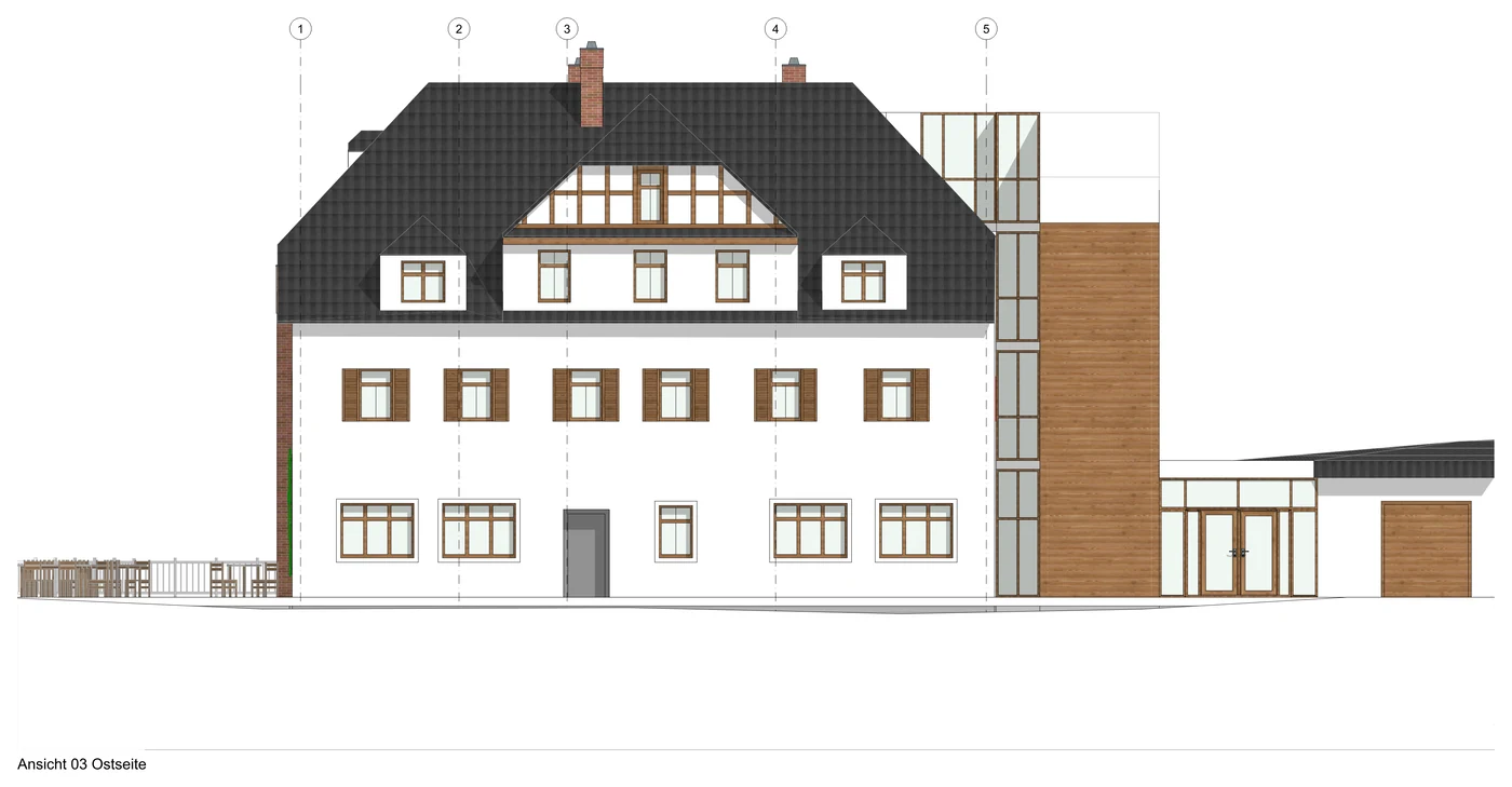 Planansicht Ostseite des Hauptgebäudes mit Fachwerkgiebel und Anbau