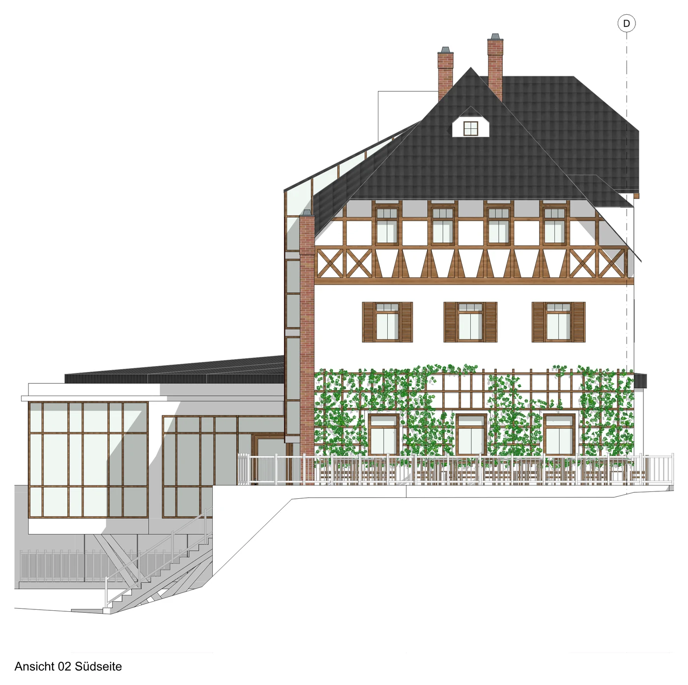 Planansicht Südseite des Hauptgebäudes mit Terrasse und verglastem Anbau