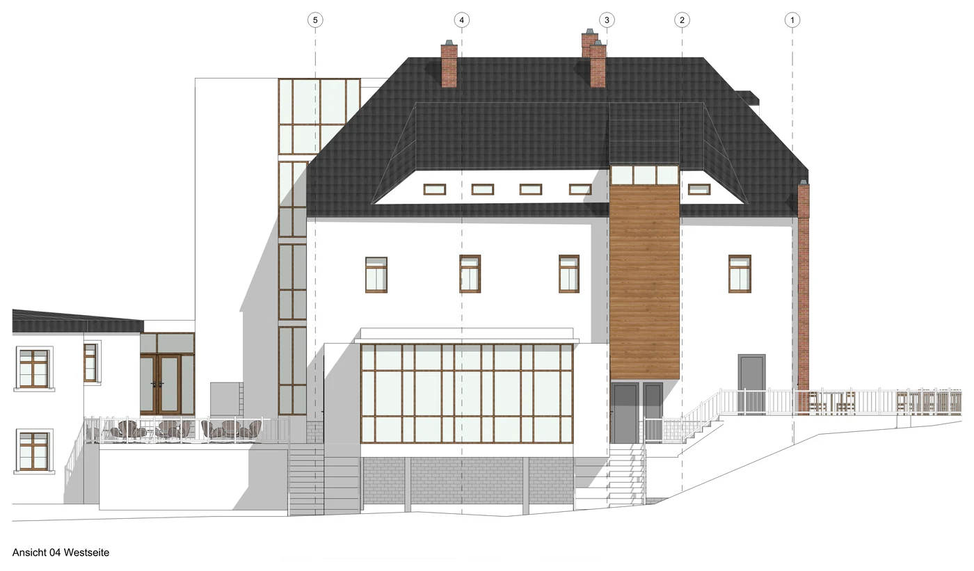 Planansicht Westseite des Hauptgebäudes mit Treppenanlage und Terrasse