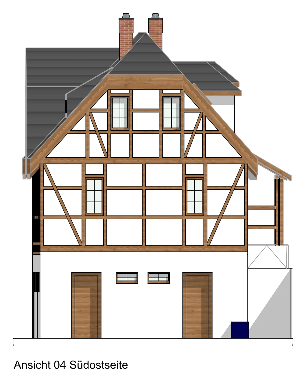 Planansicht Südostseite des Fachwerk-Nebengebäudes mit Fachwerkgiebel