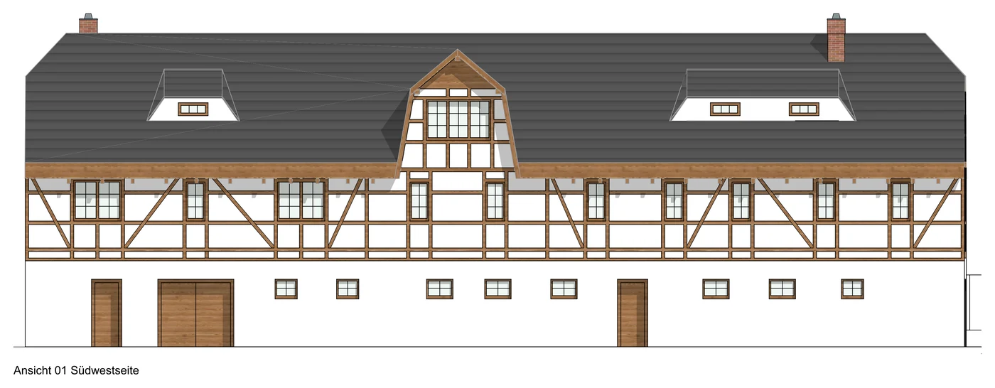 Planansicht Südwestseite des Fachwerk-Nebengebäudes nach der Sanierung