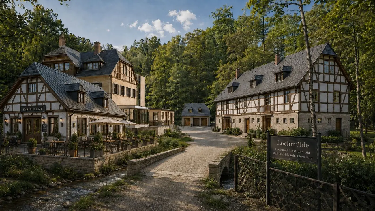 Visualisierung der sanierten Lochmühle in Kriebstein mit Gaststätte und Fachwerk-Nebengebäude